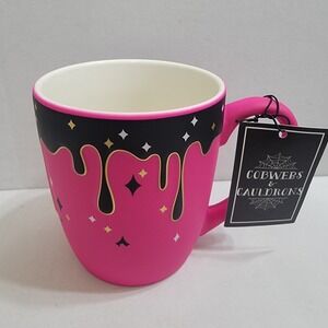 NEW! Cobwebs & Cauldrons Halloween Mug Hot Pink & Black Dipped With‎ Gold